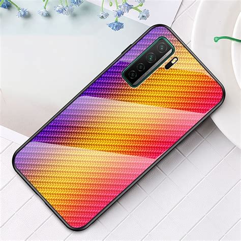 For Huawei Nova 7 Se Gradient Carbon Fiber Texture Tpu Border Tempered Glass Case Gold Fiber