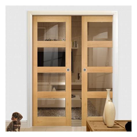 Coventry Shaker Style Oak Double Evokit Pocket Doors Clear Glass U