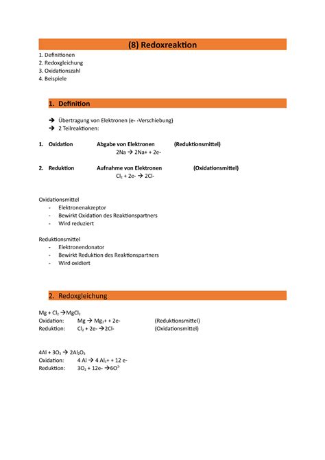 8 Redoxreaktion Grundlegende Zusammenfassung Wichtiger Informationen Um In Allen Möglichen