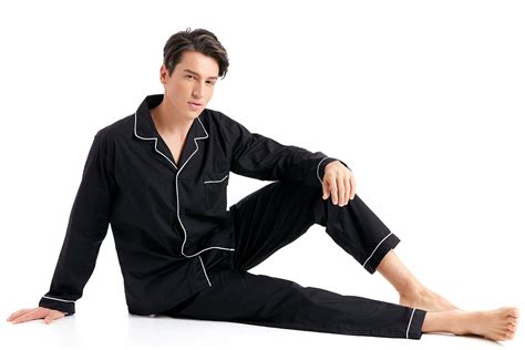 Mens Cotton Long Sleeve Woven Pajama Set Black With White Piping Tony And Candice