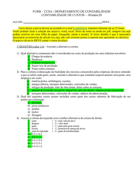 Prova Contabilidade De Custos FURB CCSA DEPARTAMENTO DE