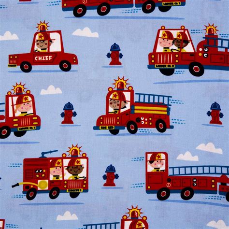 Tissu En Coton Usa Avec Des Camions De Pompiers Rouges Sur Des Bleus