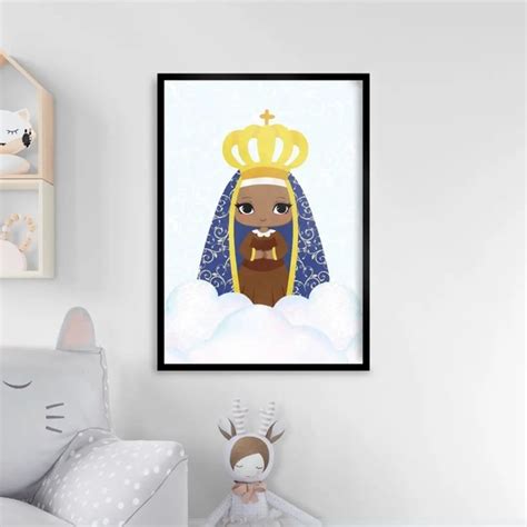 Quadro Nossa Senhora Aparecida Baby Azul 45x34cm Vidro Moldura