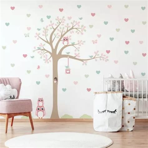 Adesivo Para Parede Quarto Menina - Adesivo De Parede Árvore Coruja Corações Quarto Menina 1,85m ...