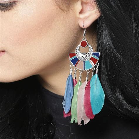 Buy Fabula Jewellery Silver Tone Blue Feather Bohemian Fashion Drop