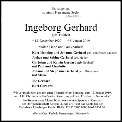 Traueranzeigen von Ingeborg Gerhard Trauer Lüneburg de