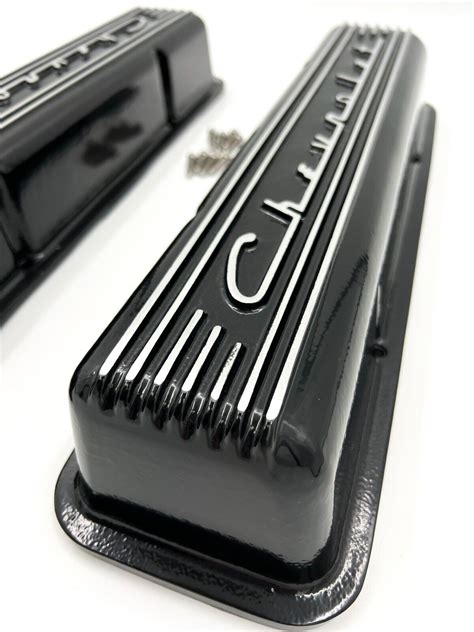 Black Finned Chevrolet Script Valve Covers For Small Block Chevy No Holes Ebay