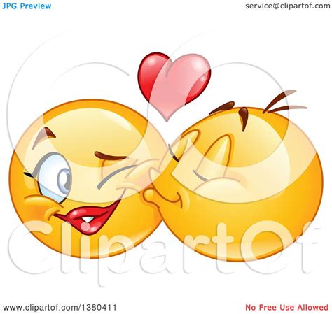 Clipart Of A Yellow Cartoon Emoticon Smiley Face Emoji Kissing A Female