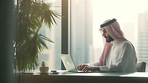 Premium AI Image Saudi Holding Laptop Emirati Emirate Teacher Arab