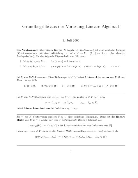 Grundbegriffe Aus Der Vorlesung Lineare Algebra I