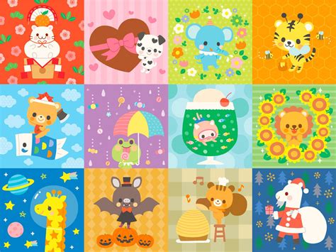 2017年初個展「かわいい展」で展示した12ヶ月それぞれの季節をイメージした動物イラストです。 Cute Patterns