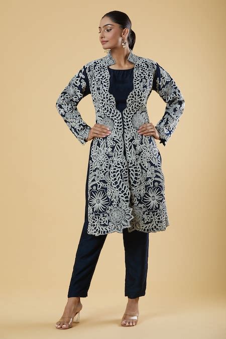 Buy Blue Silk Embroidered Thread Collar Floral Jacket And Pant Set For