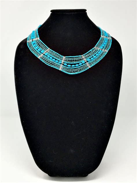 Vintage Turquoise Silver Woven Seed Bead Bib Necklace Etsy Beaded Bib Necklace Necklace