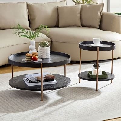 2 Piece Modern 2 Tier Round Coffee Table Set Easy Assembly Nesting