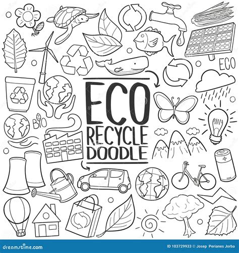 Eco Recycle ReuseTraditional Doodle Icon Hand Draw Set Stock Vector