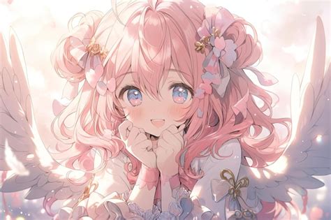 Premium Photo Portrait Of A Cute Happy Smiling Angel Girl With Pink Hair In Anime Style