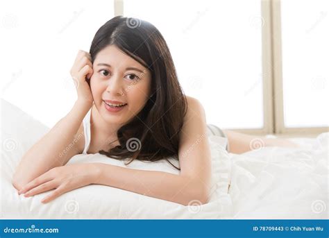 Happy Beautiful Health Asian Woman Feel Carefree Lying On Bed Stock