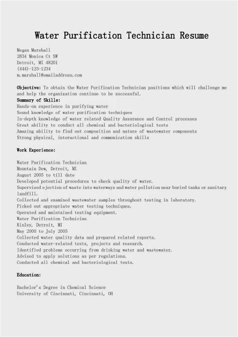 Resume Samples Water Purification Technician Resume Sample