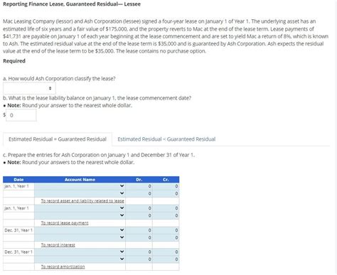 Solved Reporting Finance Lease Guaranteed Resıdual Lessee Chegg