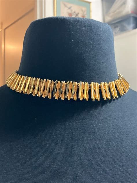 Vintage Gold Tone Brutalist Modernist Textured Choker Gem