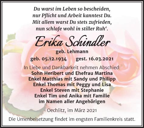 Traueranzeigen Von Erika Schindler Abschied Nehmen De