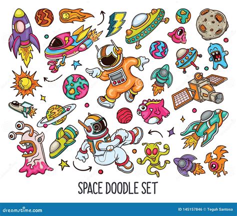 Hand Drawn Set Of Space Doodles In Color Vector Stock Vector