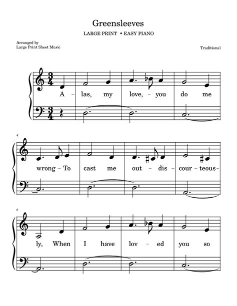 Greensleeves Large Print Easy Piano Sheet Music Traditional Piano Solo