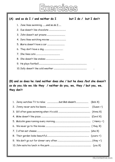 Exercises So Do I Neither Do I Gen English Esl Worksheets Pdf Doc