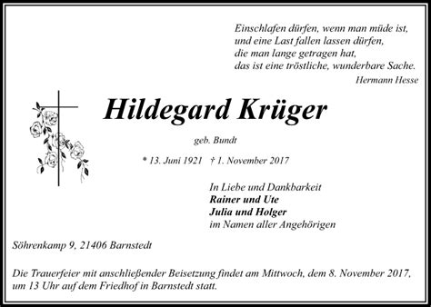 Traueranzeigen Von Hildegard Kr Ger Trauer L Neburg De