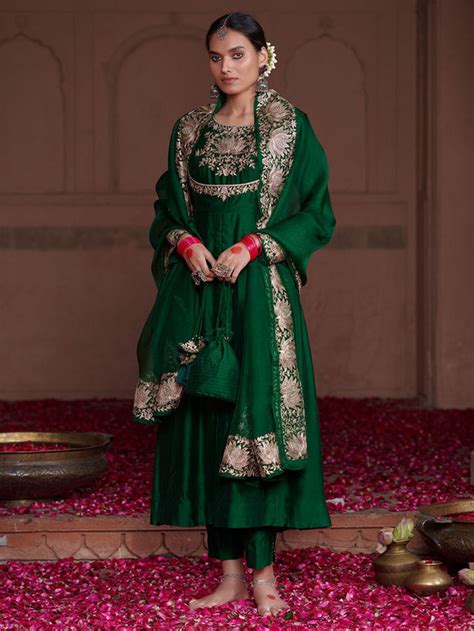 Buy Green Embroidered Chanderi Silk Sharara Suit Set Of Pc Bs