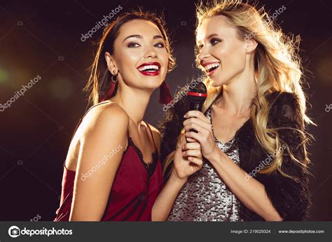 Happy Beautiful Women Singing Microphone Karaoke Stock Photo By