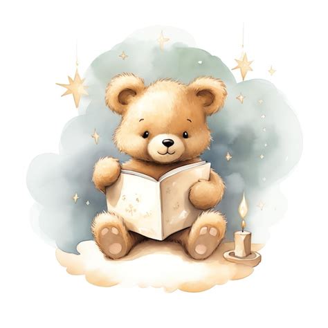 Premium Ai Image Cute Watercolor Bear Reading A Book Illustration