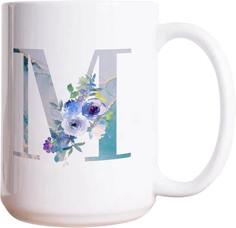 Monogram Letter M Coffee Mug Marbling Letter Blue Flower