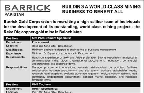 Barrick Gold Pakistan Jobs 2024 Reko Diq Mine Site Balochistan