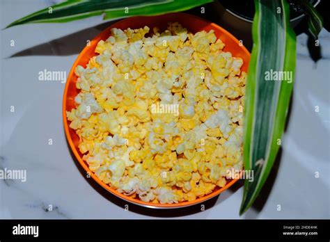 Homemade Movie Theater Popcorn On Kitchen Counter Using Direct Flash