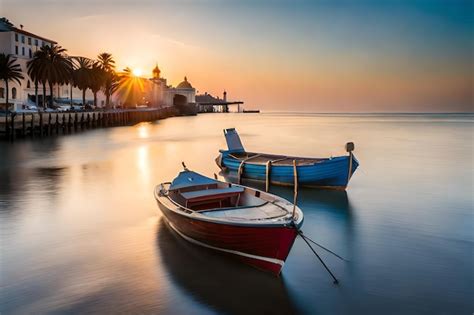 Un Barco Est Atracado En El Agua Con Una Palmera Al Fondo Foto Premium