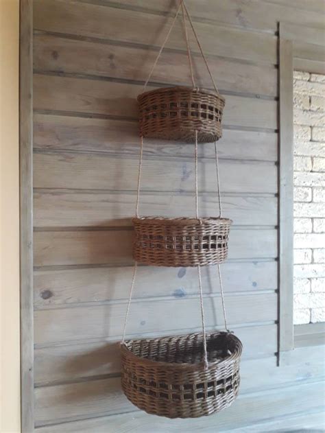 Wicker Hanging Baskets Multi Level Basket Natural Kitchen Etsy