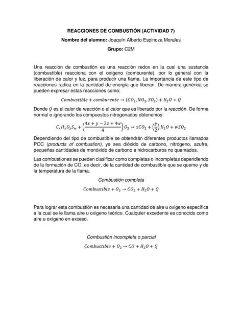 Reacciones de combustión REACCIONES DE COMBUSTIÓN ACTIVIDAD 7