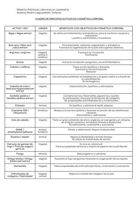 Cuadro De Principios Activos En Cosm Tica Corporal Victoria Udocz