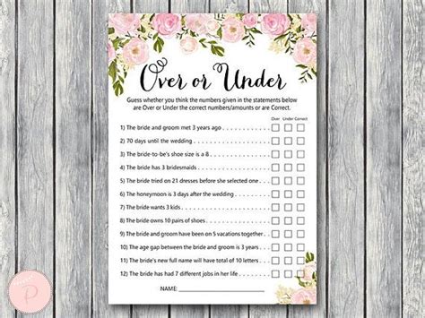 Peonies Over Or Under Bridal Shower Games Over Or Under The Number