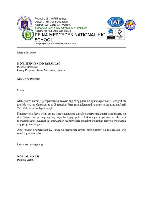 Sample Letter Of Request To Barangay Captain