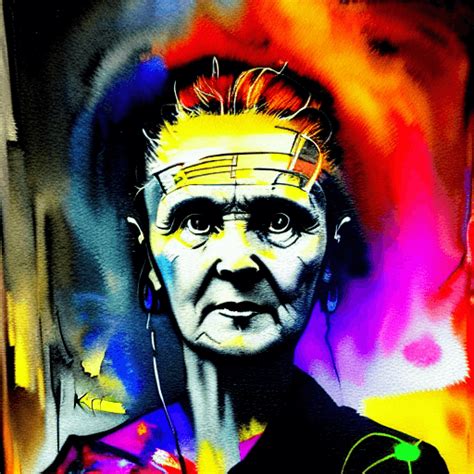 Portrait Of Marie Curie Tesla Coil Watercolor Neon American Gothic Ink