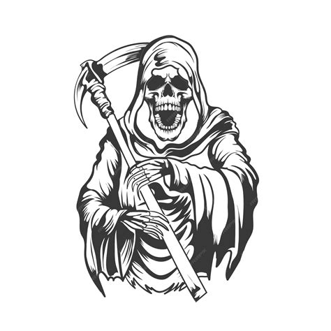 Premium Vector Spooky Grim Reaper With Scythe Smile Skull Open Mouth