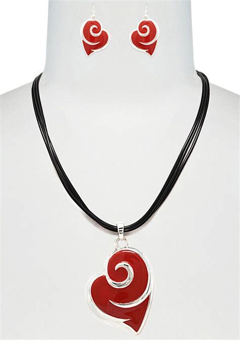 Red Heart Pendant And Multi Cord Necklace And Earrings Set For Women