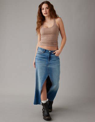 Ae Low Rise Denim Maxi Skirt