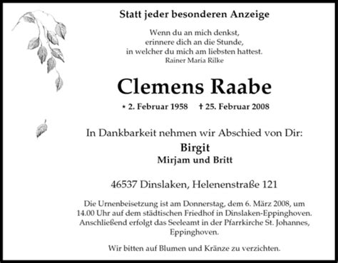 Traueranzeigen Von Clemens Raabe Trauer In NRW De