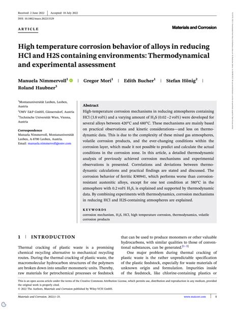 Pdf High Temperature Corrosion Behavior Of Alloys In Reducing Hcl And