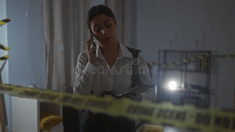 Hispanic Woman Detective Investigating A Crime Scene Indoors Speaking