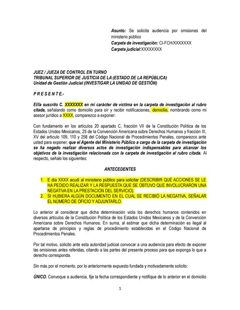 Solicitud De Audiencia Ante Jueza De Control Asunto Se Solicita