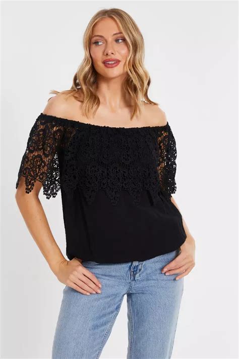 Black Crochet Bardot Top Quiz Clothing